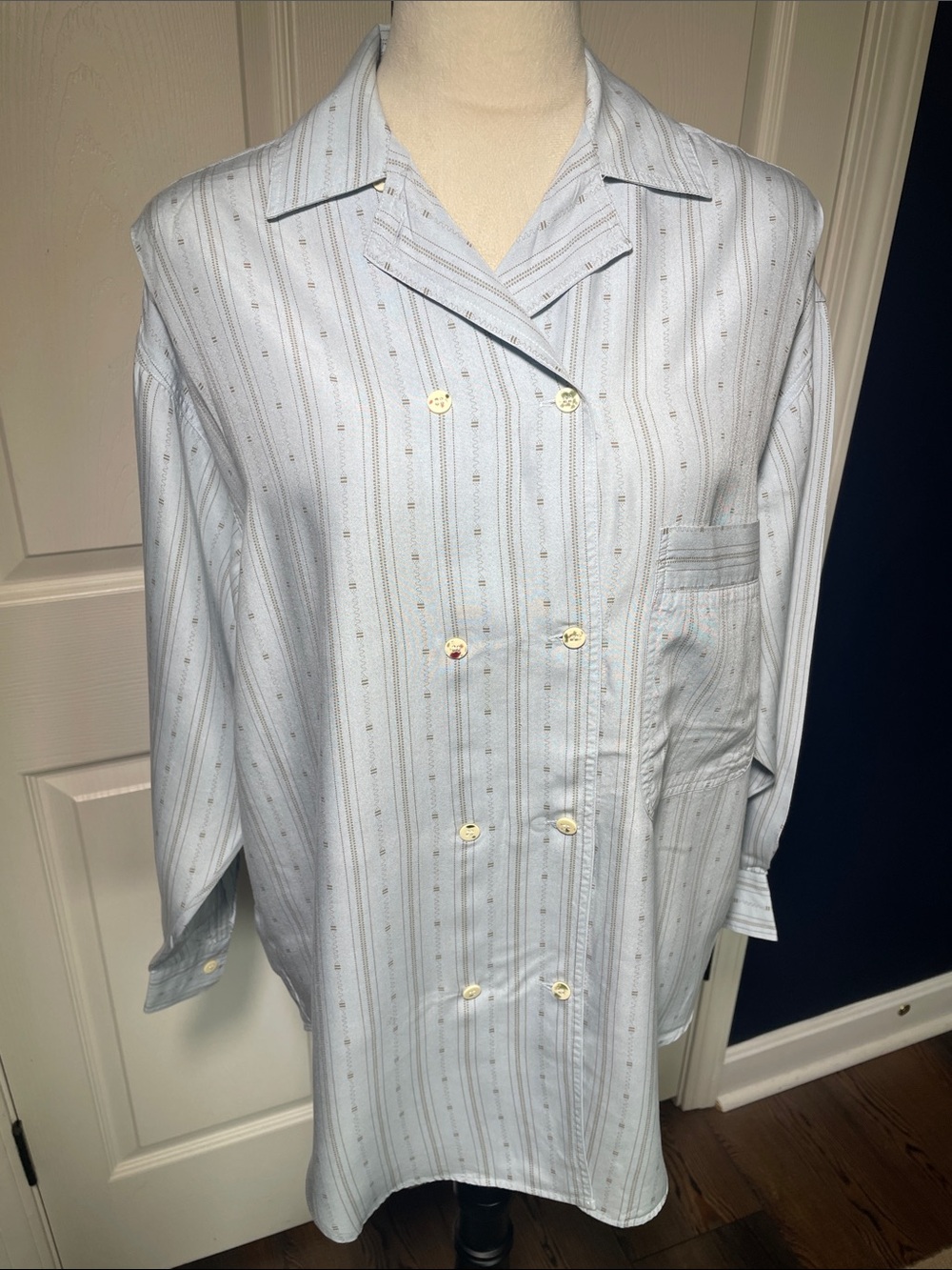 Vintage 80s John Henry Editions Double Breasted Oversized Shirt Blue Pinstripe S